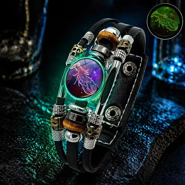 🌙 Svítící kožený náramek se znamením zvěrokruhu – třípramenný cop, nastavitelná délka, unisex 💫✨