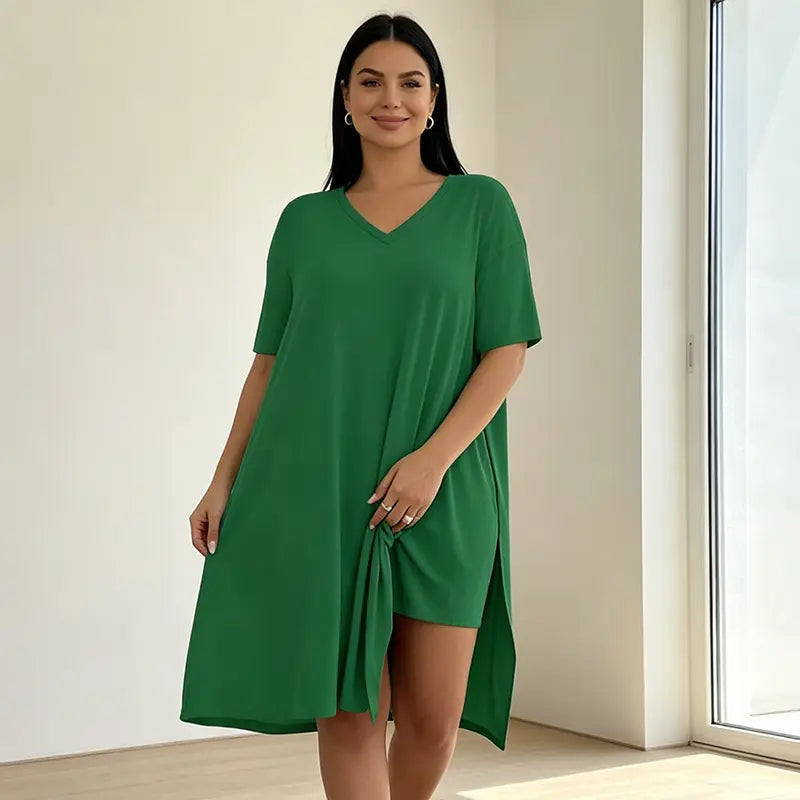 Női kétrészes nyári szett plus size nőknek, hosszú póló oldalsó hasítékkal és rövidnadrág, puha, rugalmas és lélegző anyagból