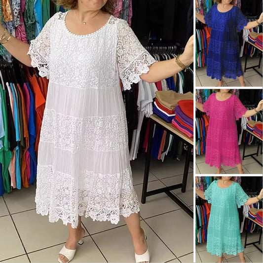 👗【S-5XL】Új stílusú rövid ujjú kerek nyakú csipke elegáns ruha