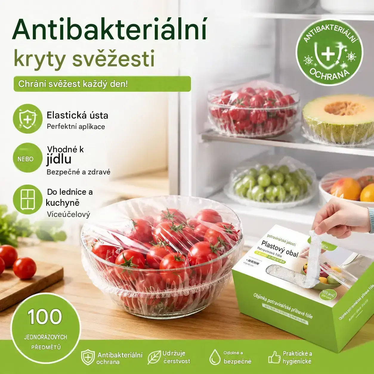 Velmi silné, balení 4 krabic (400 kusů) – 750 Kč – Antibakteriální elastické obaly na potraviny; jednorázové sáčky na potraviny, vhodné do kuchyně nebo lednice.