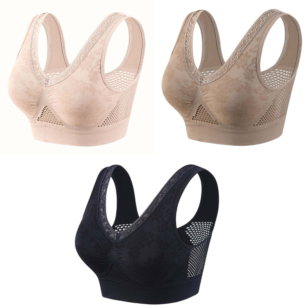 🔥👙【40-120 kg】【balení 3 kusů】✨Dámská krajková podprsenka bez kostic, vysoká opora - druhý kus za poloviční cenu