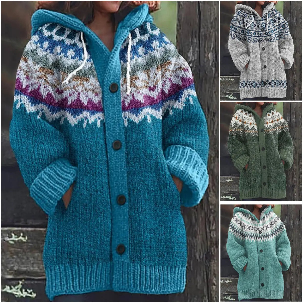 ⭐ 50% SLEVA 🔥 ✨ Nový dámský pletený svetr s kapucí, geometrickým vzorem a zapínáním na knoflíky, ideální na podzim a zimu, velikosti S–5XL.