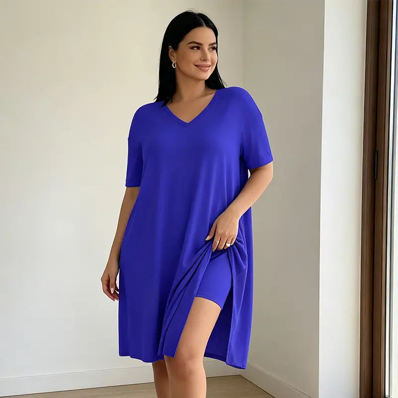 Női kétrészes nyári szett plus size nőknek, hosszú póló oldalsó hasítékkal és rövidnadrág, puha, rugalmas és lélegző anyagból