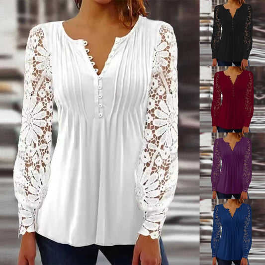 🎁 [Időben korlátozott ajánlat] [S-5XL] 🔥 Stílusos csipke felső prémium selyemhatású anyagból és elegáns V-nyakkal, kivágott csipke részletekkel.