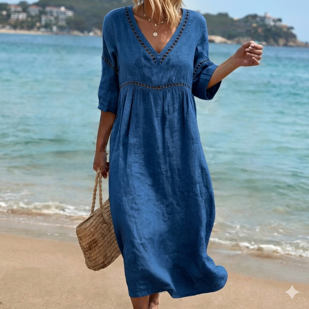 👗【S-3XL】Nyári divatos pamutvászon ruha, V-nyakú kialakítás, lélegző és kényelmes, karcsúsító