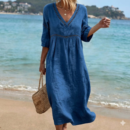 👗【S-3XL】Nyári divatos pamutvászon ruha, V-nyakú kialakítás, lélegző és kényelmes, karcsúsító